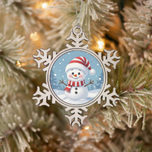 Cute little snowman with scarf & hat snowflake pewter christmas ornament