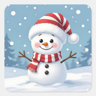 Cute little snowman with scarf & hat square sticker