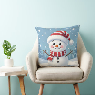 Cute little snowman with scarf & hat throw pillow