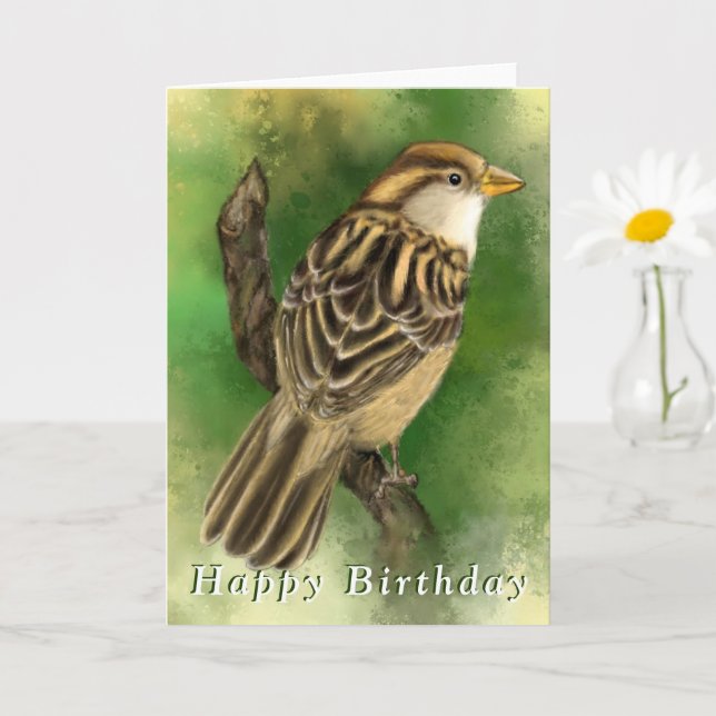Cute Little Sparrow Birthday Card (Small Plant)