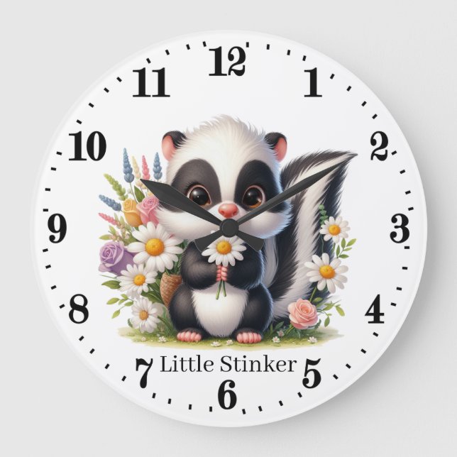 Cute little stinker baby skunk girls add name large clock (Front)
