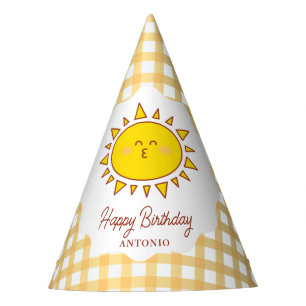 Cute Little Sunshine Gingham Kids Happy Birthday Party Hat