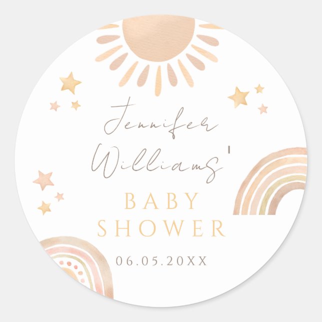 Cute little sunshine Sun Rainbow baby shower Classic Round Sticker (Front)