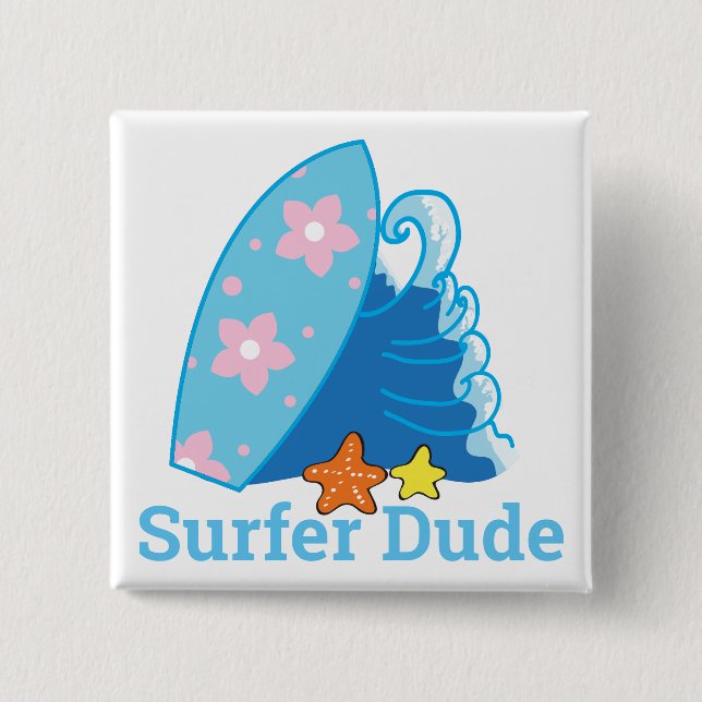 Cute Little Surfer Dude Surfboard and Wave 2 Inch Square Button (Front)