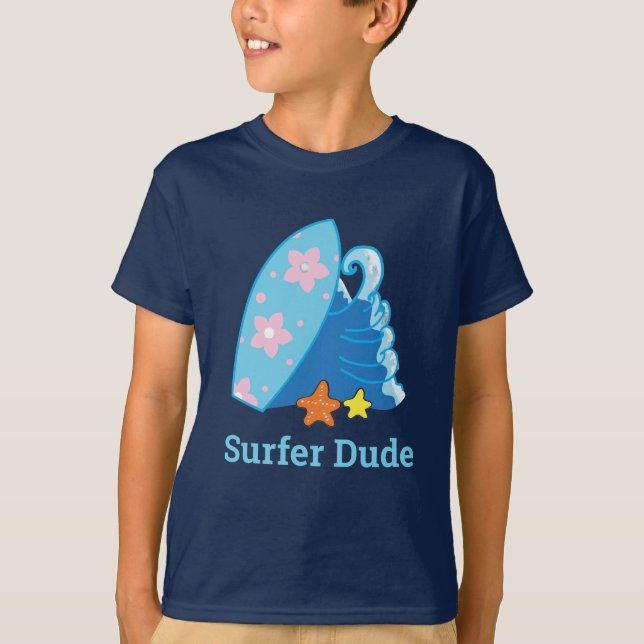 Cute Little Surfer Dude Surfboard and Wave T-Shirt (Front)