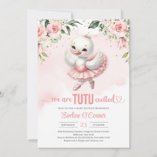 Cute little swan with tutu dress gold sparkles invitation