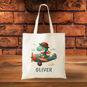 Cute Little Trex Dinosaur Flying Airplane Tote Bag
