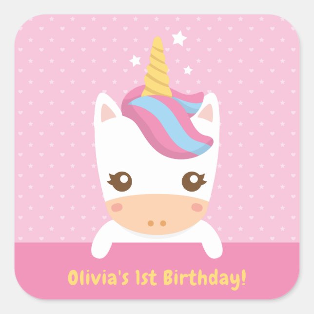 Cute Little Unicorn First Birthday Party Stickers (Front)