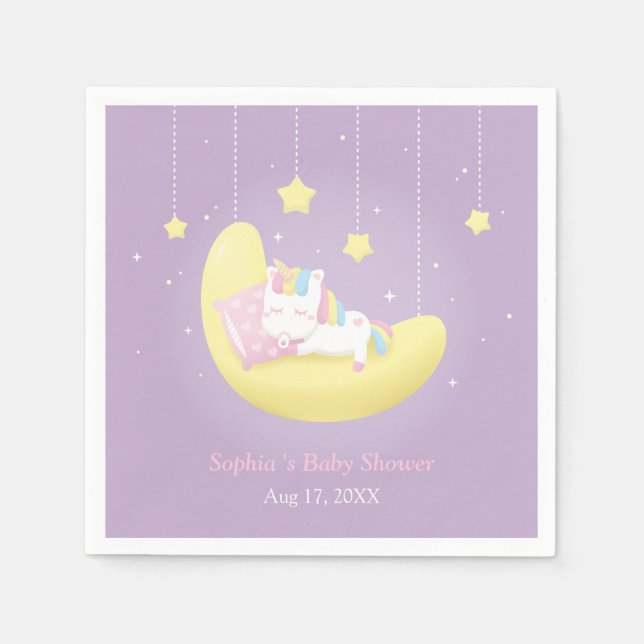 Cute Little Unicorn on Moon Baby Shower Napkins (Front)