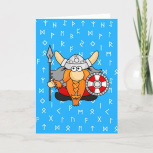 Cute Little Viking on Viking Runes Blue Background Holiday Card