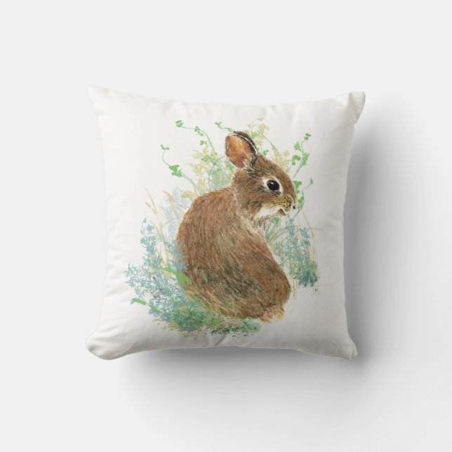 Cute Little Watercolor Bunny Rabbit Animal Art Throw Pillow (Front)