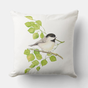 Cute Little Watercolor Chickadee Bird Poplar Tree Throw Pillow