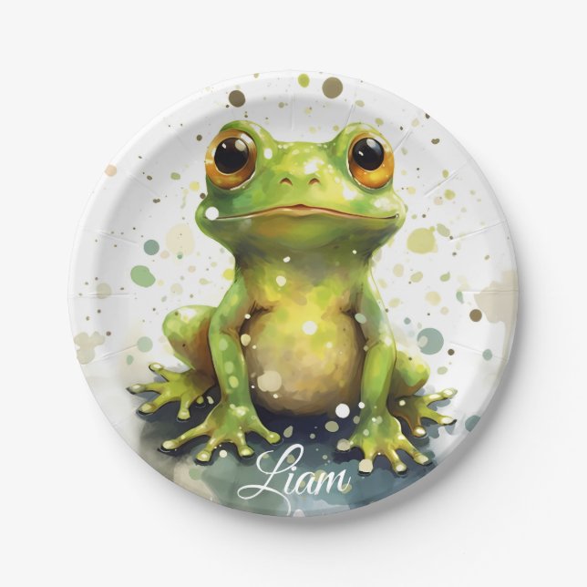 Cute little watercolor frog paper plate (Front)