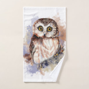 Cute Little Watercolor Owl Bird Hand Towel