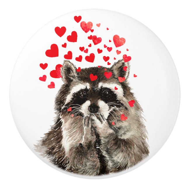 Cute Little Watercolor Raccoon Blowing Kisses Fun Ceramic Knob (Front)