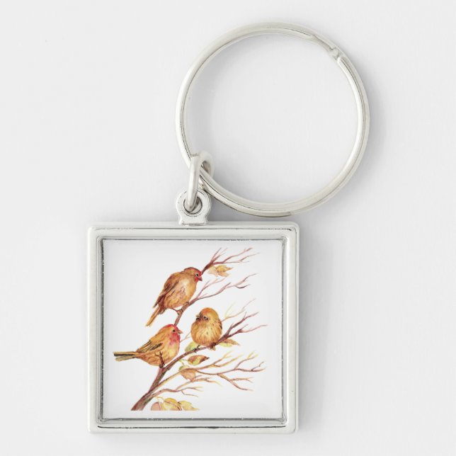 Cute Little Watercolor Sparrow Garden Birds Keychain (Front)