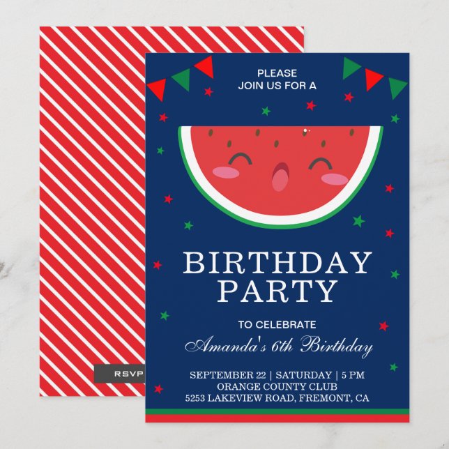 Cute Little Watermelon Birthday Party Invitation (Front/Back)