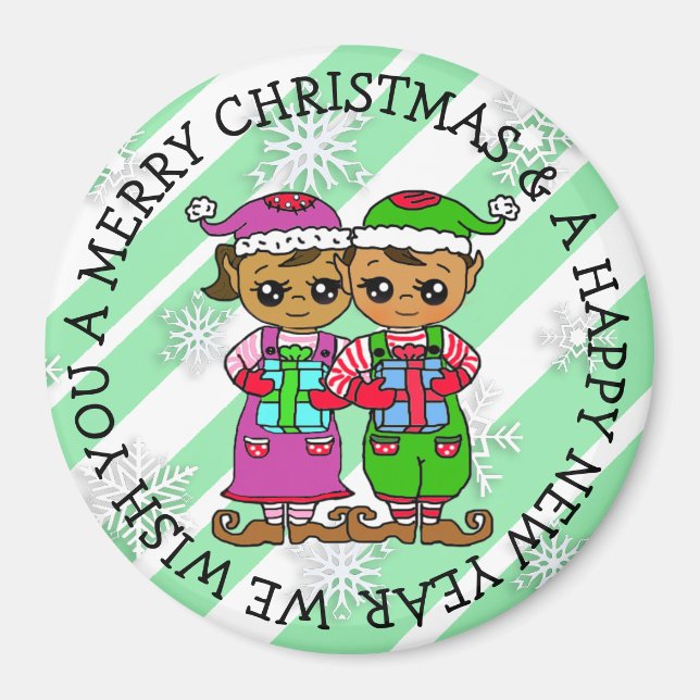 Cute Little Whimsical Elves Christmas Magnet (Front)