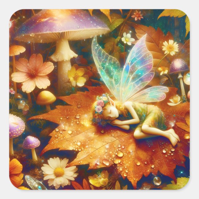 Cute Little Whimsical Fairy Sleeping Blank Square Sticker (Front)