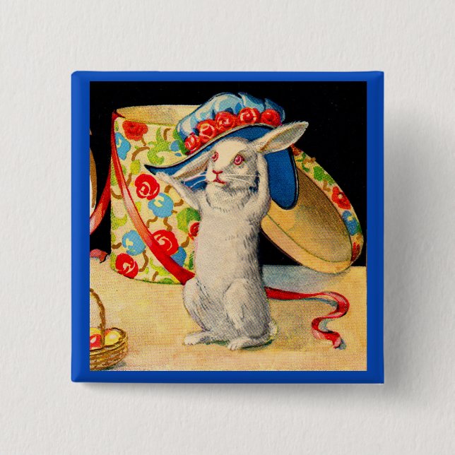 cute little white bunny wearing big hat 2 inch square button (Front)