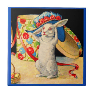 cute little white bunny wearing big hat tile