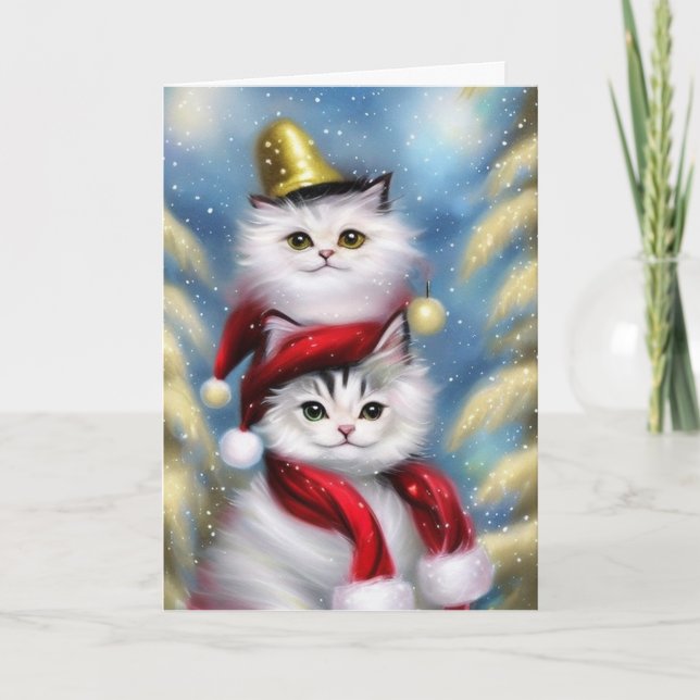 Cute Little White Christmas Cats with a Gold Hat Card (Front)