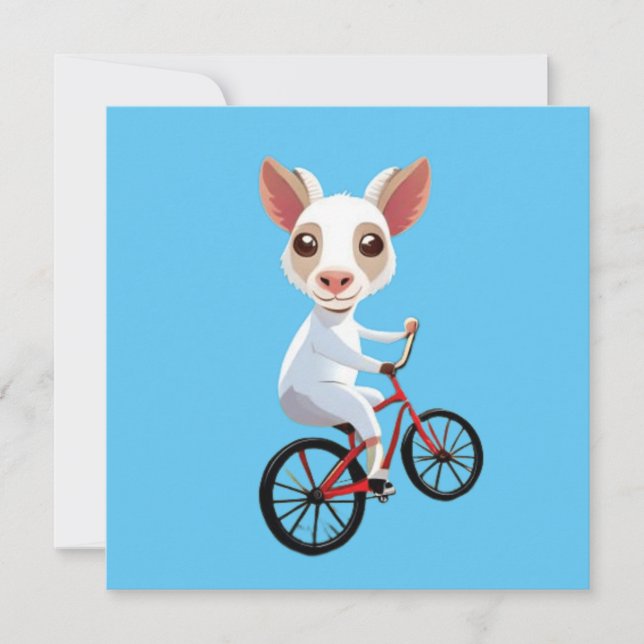 Cute little white goat on a bicycle invitation (Front)