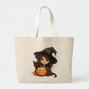 Cute Little Witch and Cat Large Tote Bag