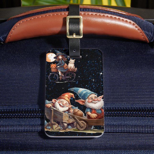 Cute Little Witch And Happy Gnomes Luggage Tag (Front Insitu 2)