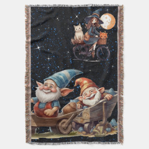 Cute Little Witch And Happy Gnomes Throw Blanket