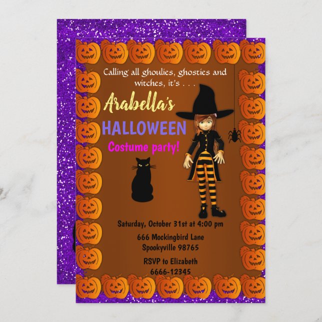 Cute Little Witch Children's Halloween Invitation (Front/Back)