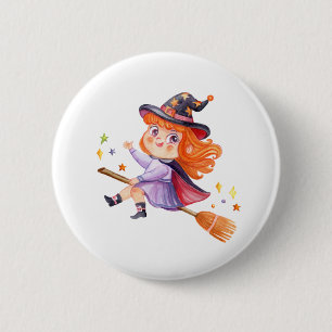 Cute little witch flying on a broomstick 2 inch round button