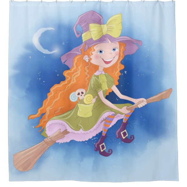 Cute Little Witch Girl Flying On A Broom (Front)
