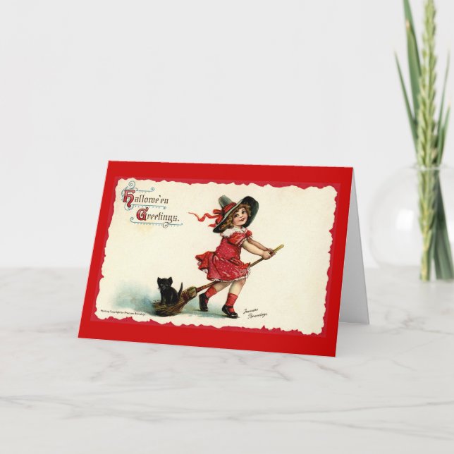 Cute Little Witch Girl Halloween Card (Front)