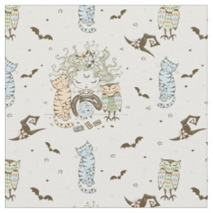 Cute Little Witch Girls With Bats Cats and Owls Fabric