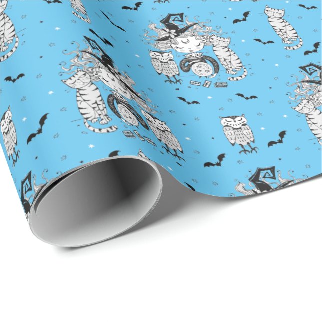 Cute Little Witch Girls With Bats Cats and Owls Wrapping Paper (Roll Corner)