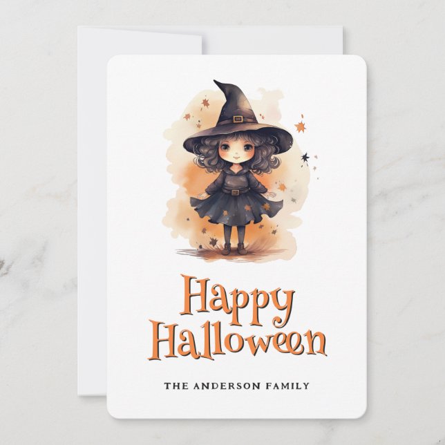 Cute Little Witch In A Hat Happy Halloween Card (Front)