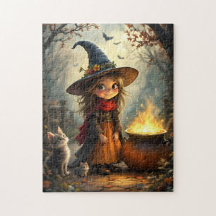 Cute little witch in forest with witch's cauldron jigsaw puzzle