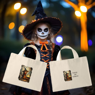 Cute little witch in forest with witch's cauldron mini tote bag