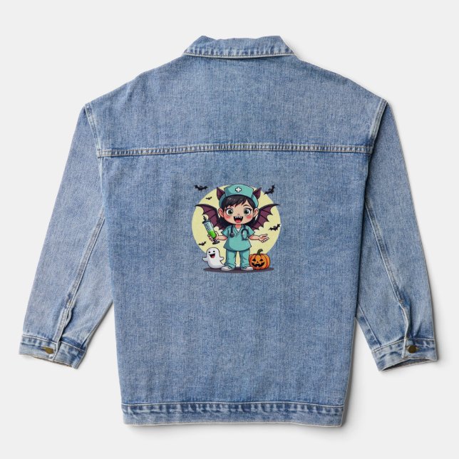 Cute little witch nurse Halloween Premium T-Shirt Denim Jacket (Back)