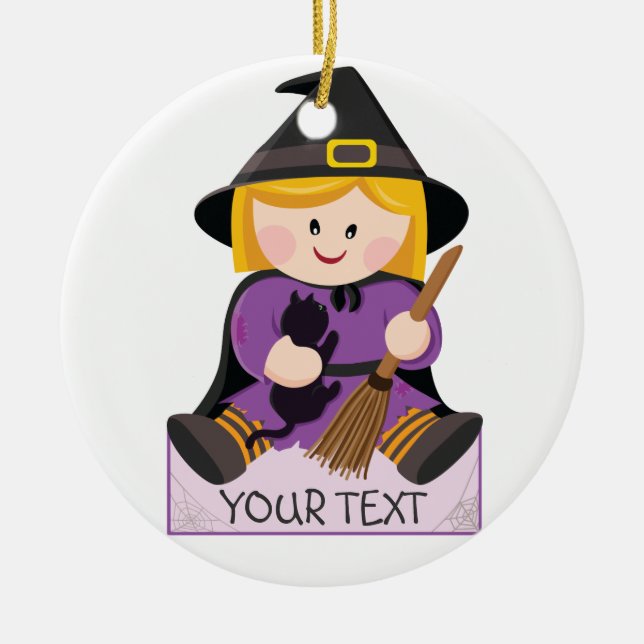 Cute little witch with blonde hair ceramic ornament (Front)