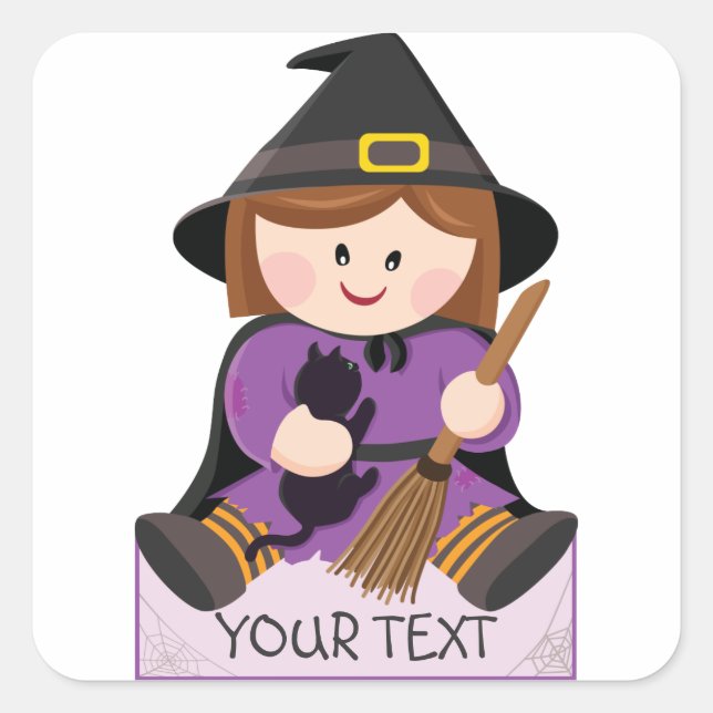 Cute little witch with broewn hair square sticker (Front)