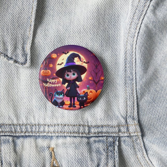 Cute little witch with cats and pumpkins, custom  2 inch round button (Creator Uploaded)