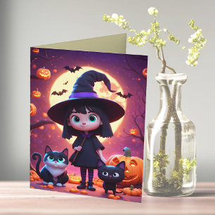 Cute little witch with cats and pumpkins, custom  card
