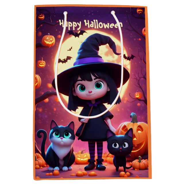 Cute little witch with cats and pumpkins, custom  medium gift bag (Front)