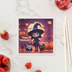 Cute little witch with cats and pumpkins, custom  napkin