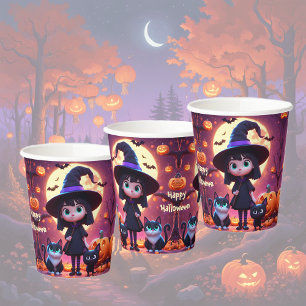 Cute little witch with cats and pumpkins, custom paper cups