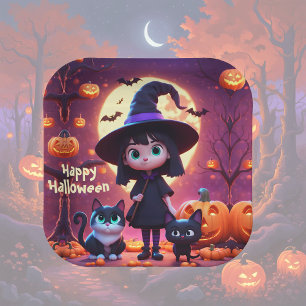 Cute little witch with cats and pumpkins, custom  paper plate