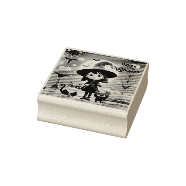 Cute little witch with cats and pumpkins, custom  rubber stamp (Stamp)