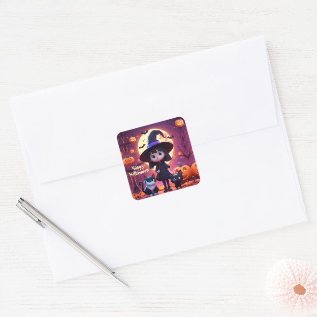 Cute little witch with cats and pumpkins, custom  square sticker (Envelope)